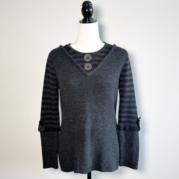 Dark Gray Striped Sweater with Buttons - Picture 1 of 9